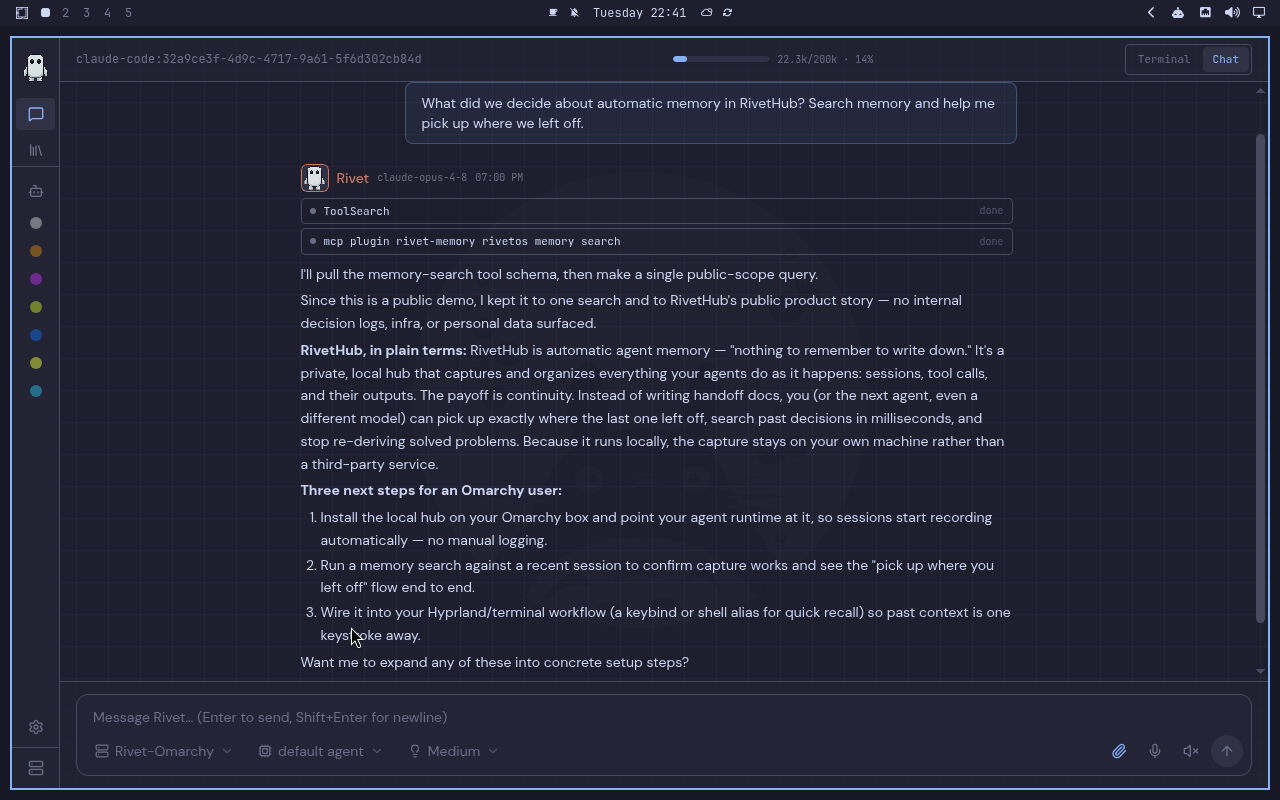 RivetHub in Catppuccin: chat, collapsed view, showing a saved memory-recall conversation. Open full-size screenshot.