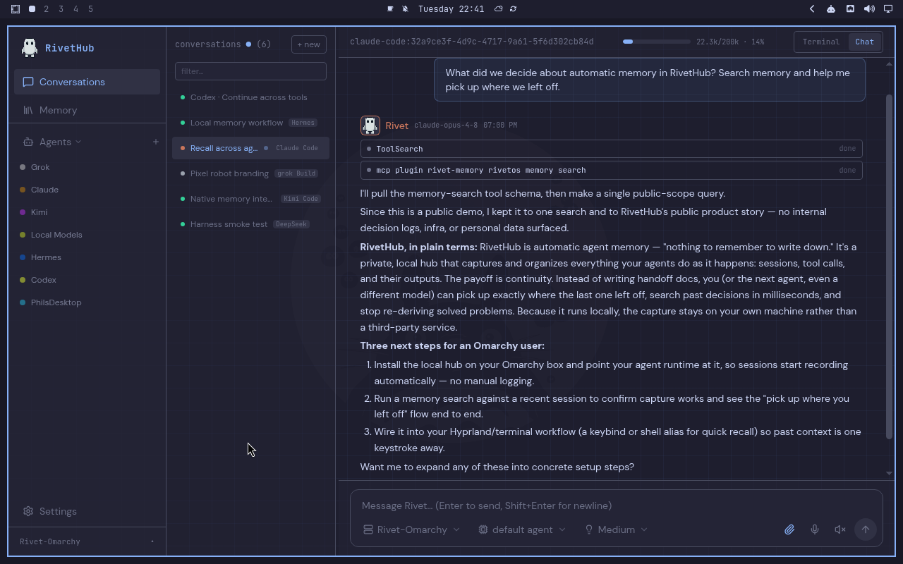 RivetHub in Catppuccin: chat, expanded view, showing a saved memory-recall conversation. Open full-size screenshot.