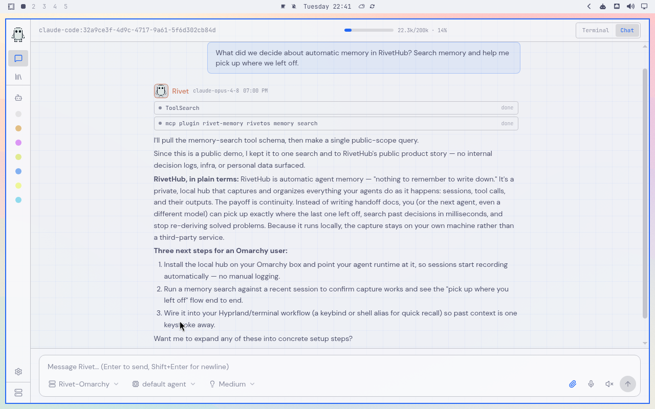 RivetHub in Catppuccin Latte: chat, collapsed view, showing a saved memory-recall conversation. Open full-size screenshot.