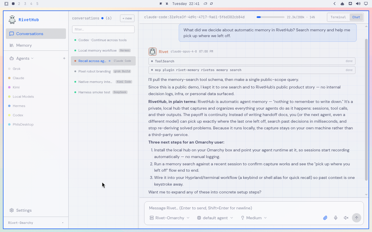 RivetHub in Catppuccin Latte: chat, expanded view, showing a saved memory-recall conversation. Open full-size screenshot.