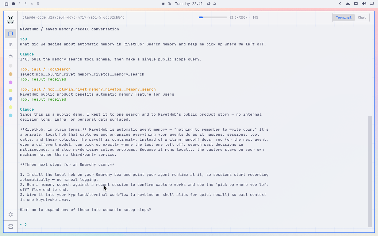RivetHub in Catppuccin Latte: terminal, collapsed view, showing a saved memory-recall conversation. Open full-size screenshot.