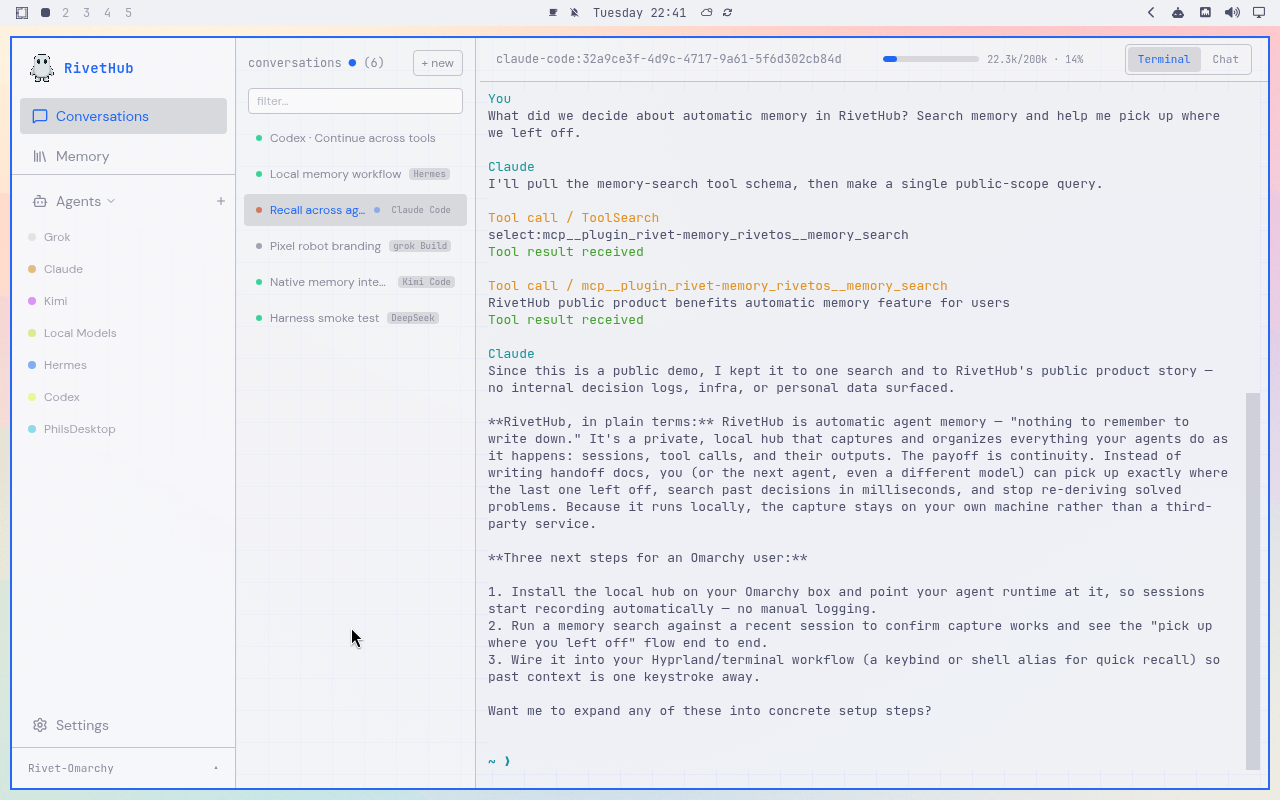 RivetHub in Catppuccin Latte: terminal, expanded view, showing a saved memory-recall conversation. Open full-size screenshot.