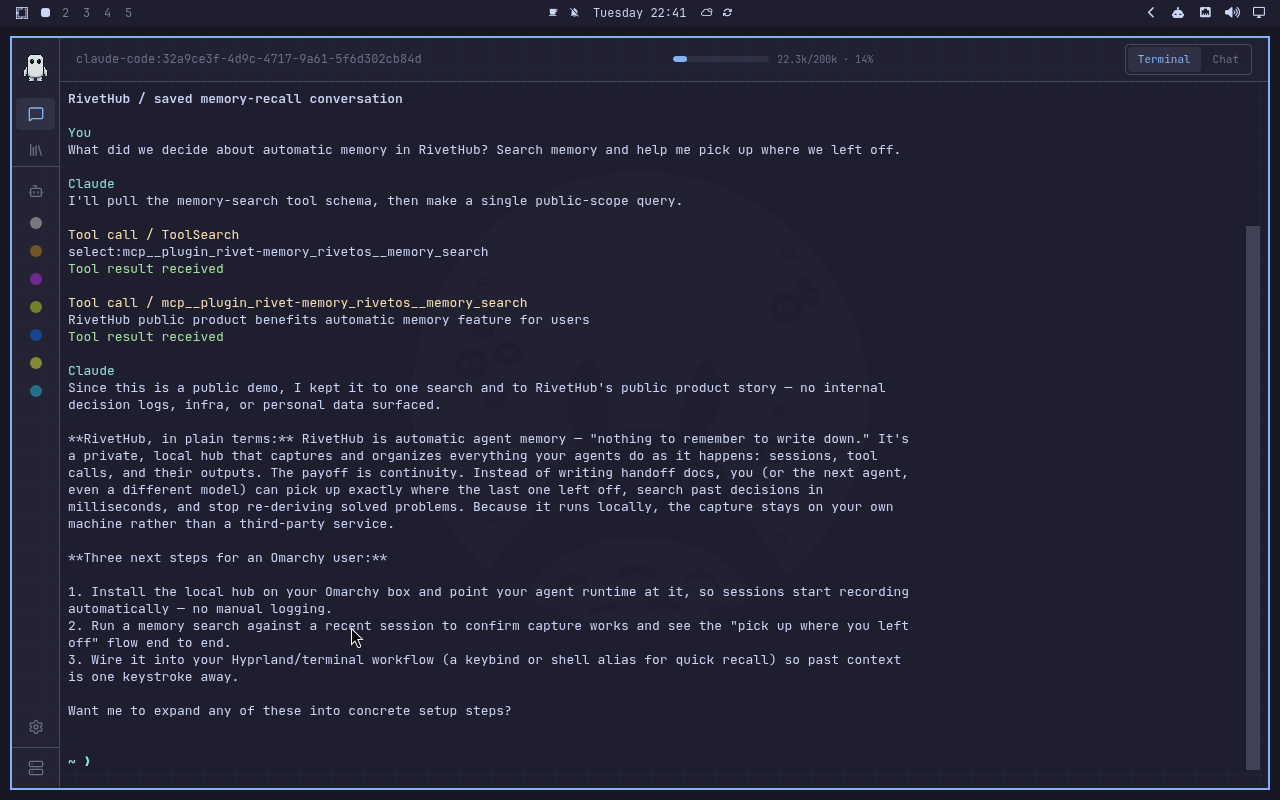 RivetHub in Catppuccin: terminal, collapsed view, showing a saved memory-recall conversation. Open full-size screenshot.