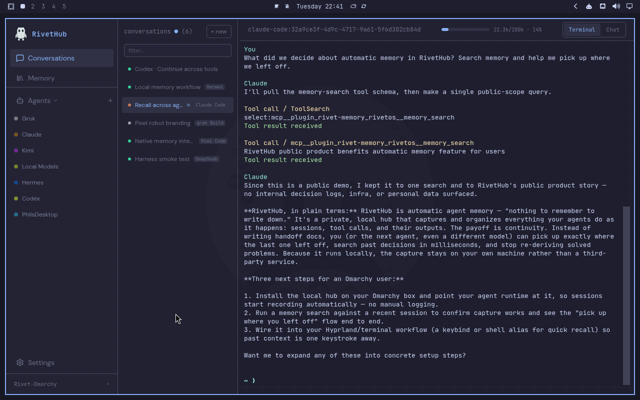 RivetHub in Catppuccin: terminal, expanded view, showing a saved memory-recall conversation. Open full-size screenshot.