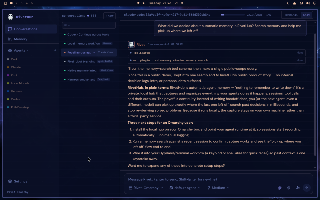 RivetHub in Ethereal: chat, expanded view, showing a saved memory-recall conversation. Open full-size screenshot.