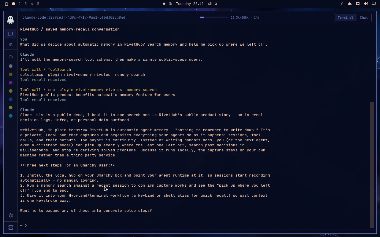 RivetHub in Ethereal: terminal, collapsed view, showing a saved memory-recall conversation. Open full-size screenshot.