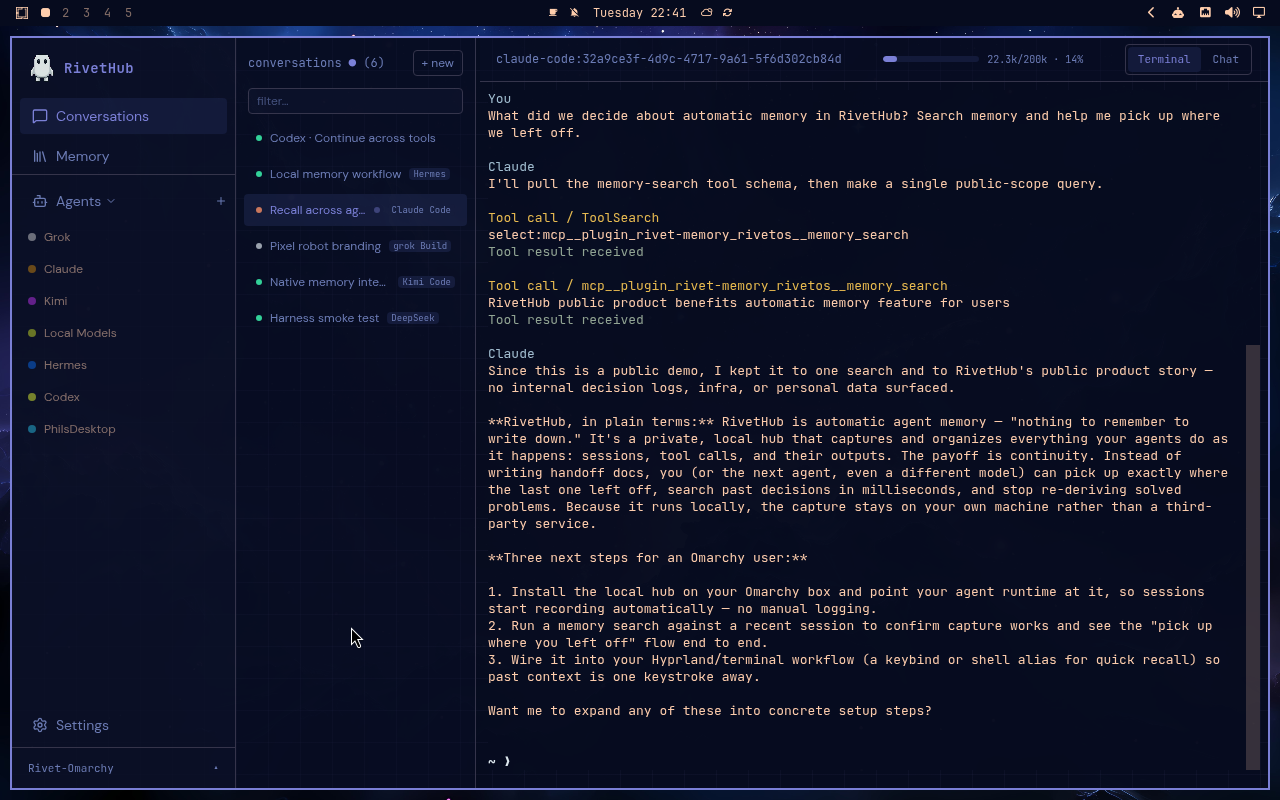 RivetHub in Ethereal: terminal, expanded view, showing a saved memory-recall conversation. Open full-size screenshot.