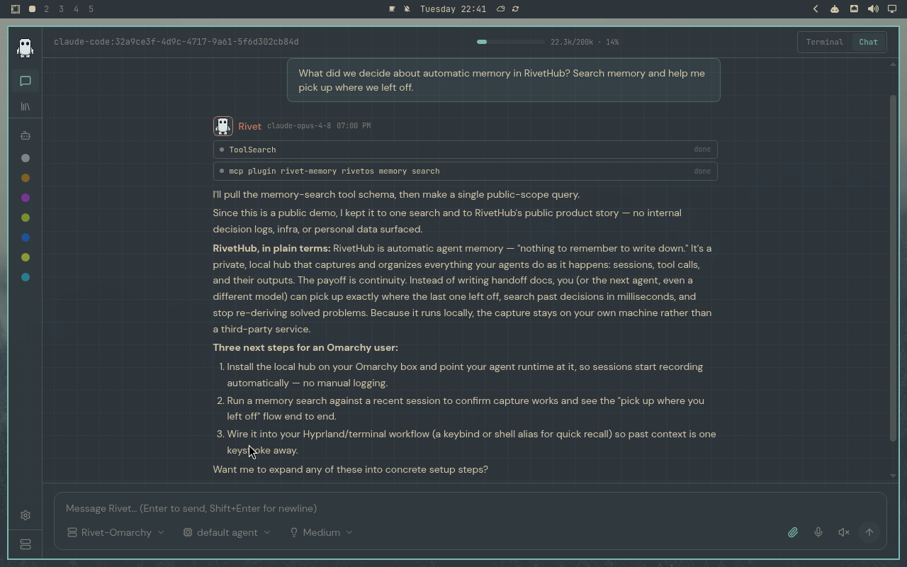 RivetHub in Everforest: chat, collapsed view, showing a saved memory-recall conversation. Open full-size screenshot.