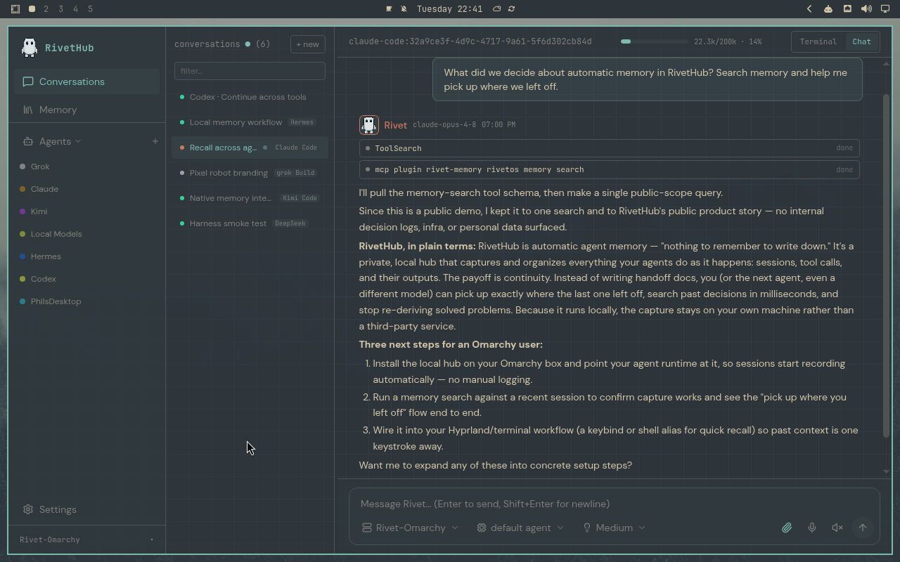 RivetHub in Everforest: chat, expanded view, showing a saved memory-recall conversation. Open full-size screenshot.