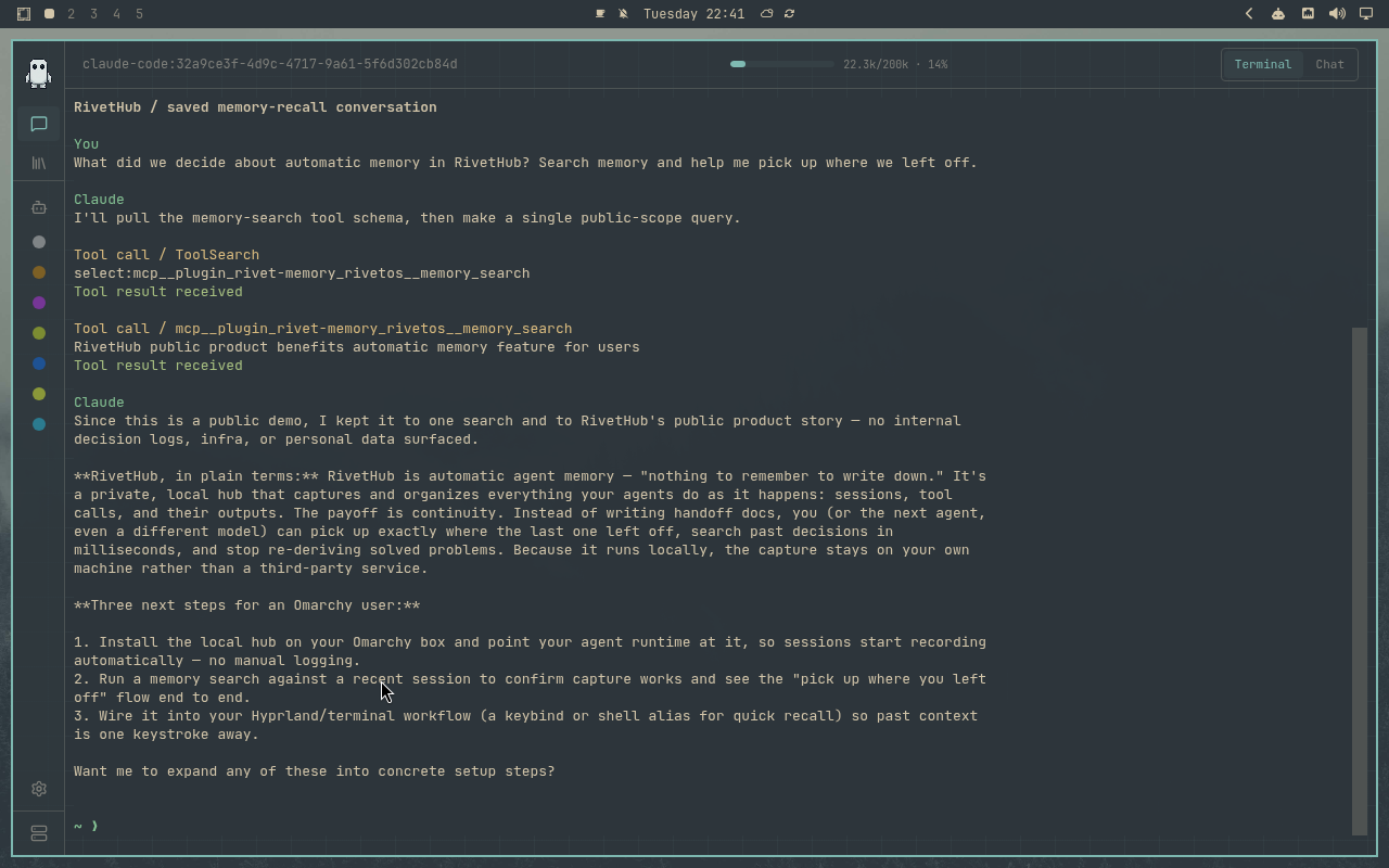 RivetHub in Everforest: terminal, collapsed view, showing a saved memory-recall conversation. Open full-size screenshot.
