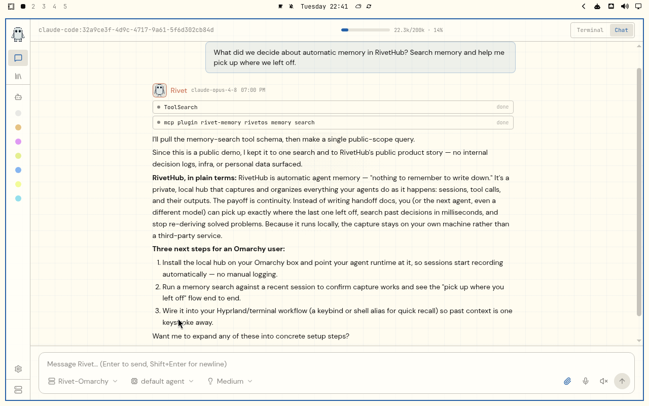 RivetHub in Flexoki Light: chat, collapsed view, showing a saved memory-recall conversation. Open full-size screenshot.