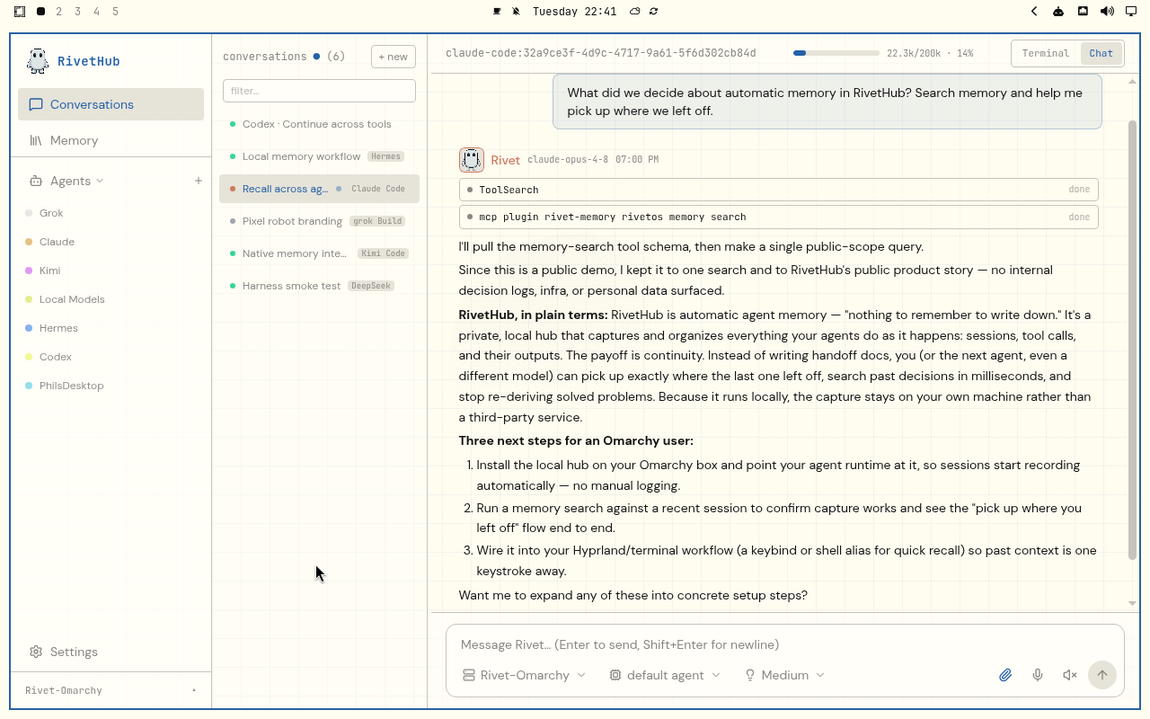 RivetHub in Flexoki Light: chat, expanded view, showing a saved memory-recall conversation. Open full-size screenshot.