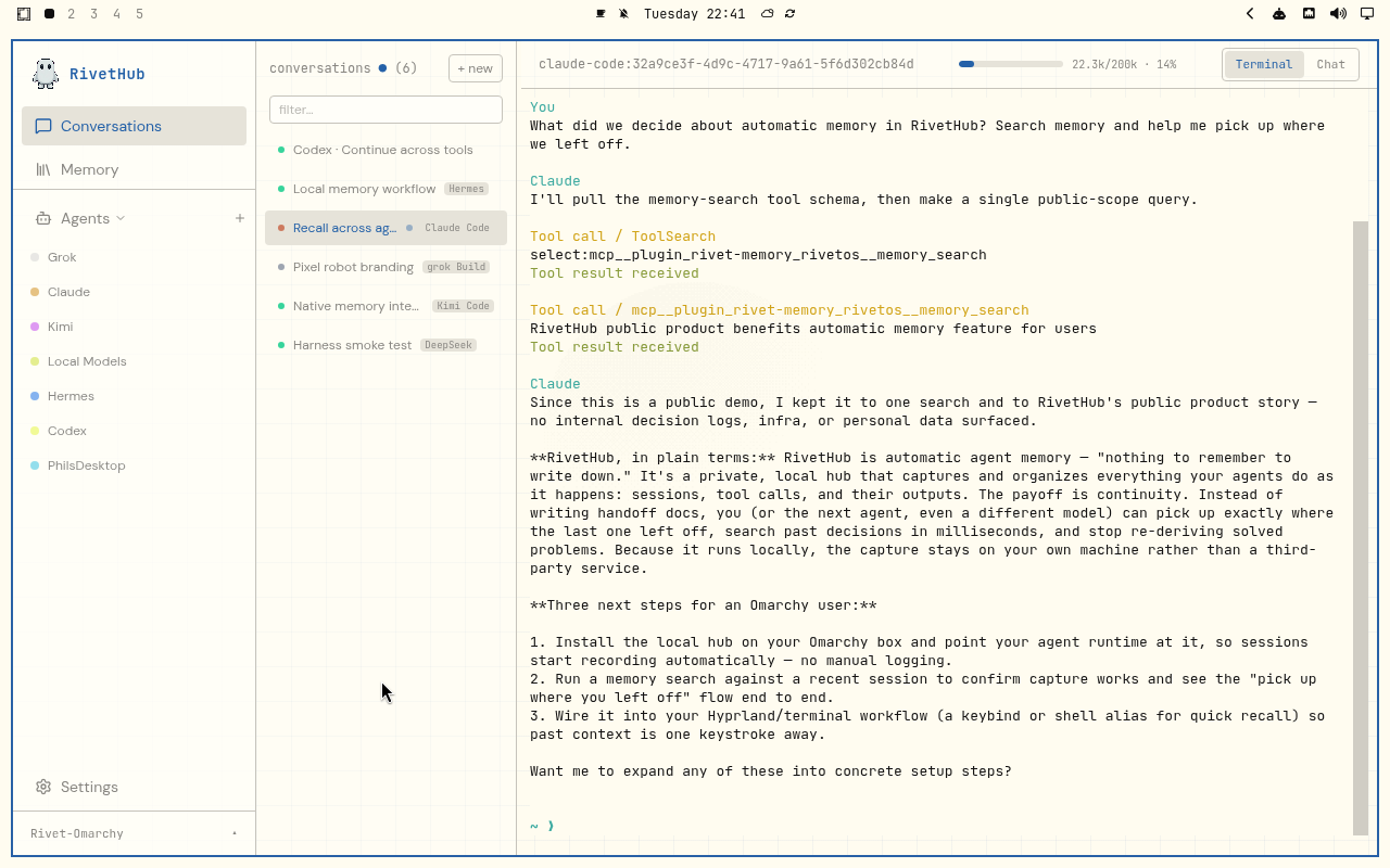 RivetHub in Flexoki Light: terminal, expanded view, showing a saved memory-recall conversation. Open full-size screenshot.