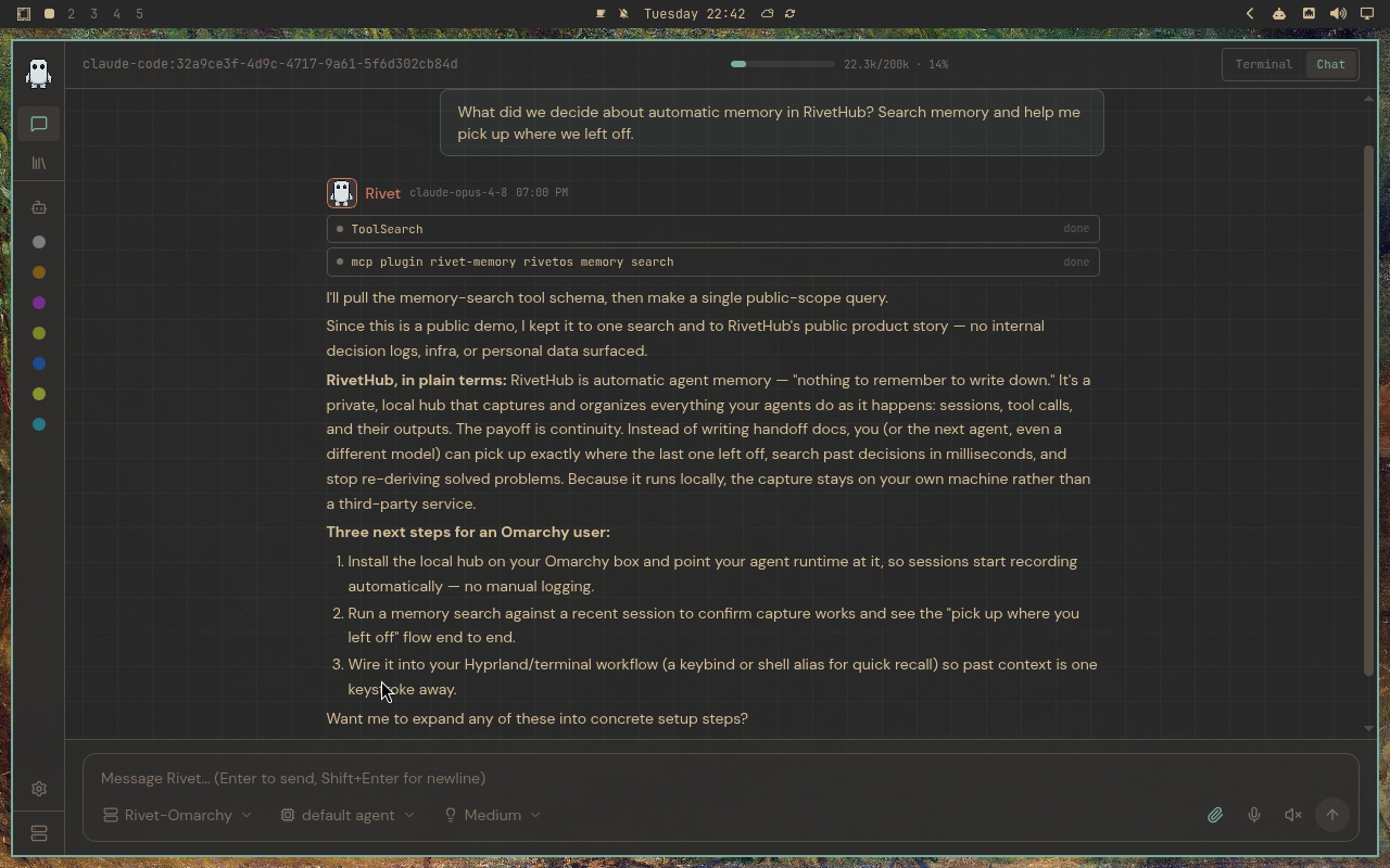 RivetHub in Gruvbox: chat, collapsed view, showing a saved memory-recall conversation. Open full-size screenshot.