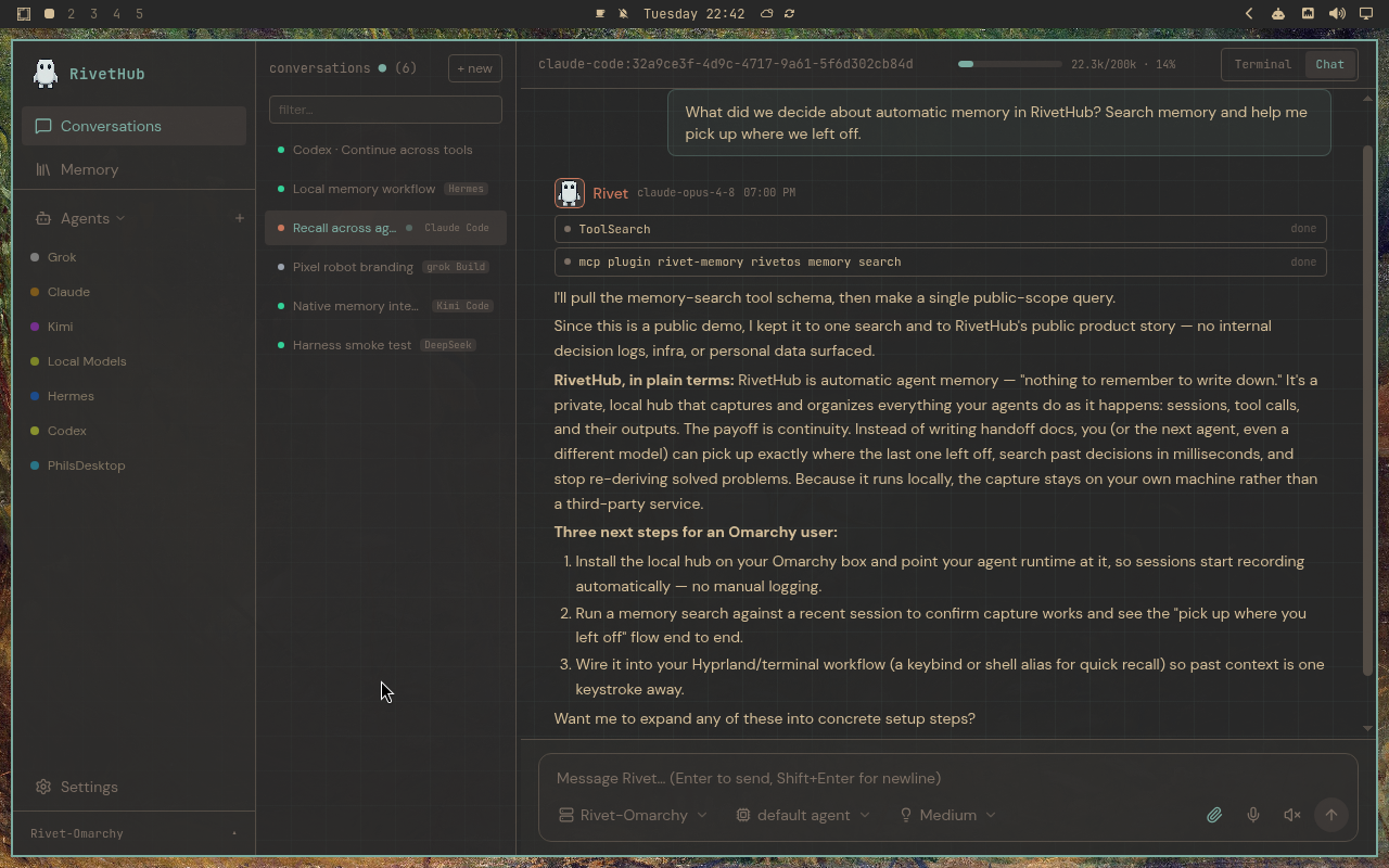 RivetHub in Gruvbox: chat, expanded view, showing a saved memory-recall conversation. Open full-size screenshot.