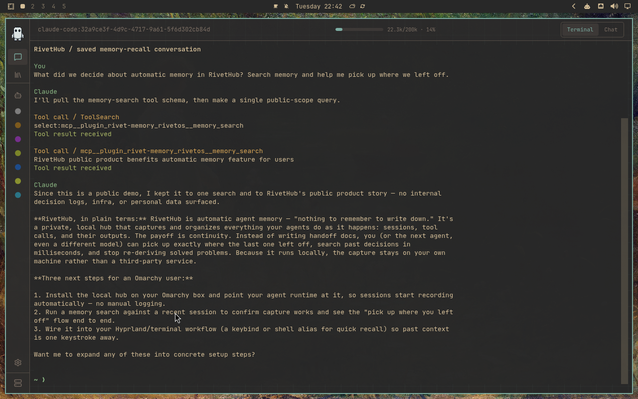 RivetHub in Gruvbox: terminal, collapsed view, showing a saved memory-recall conversation. Open full-size screenshot.