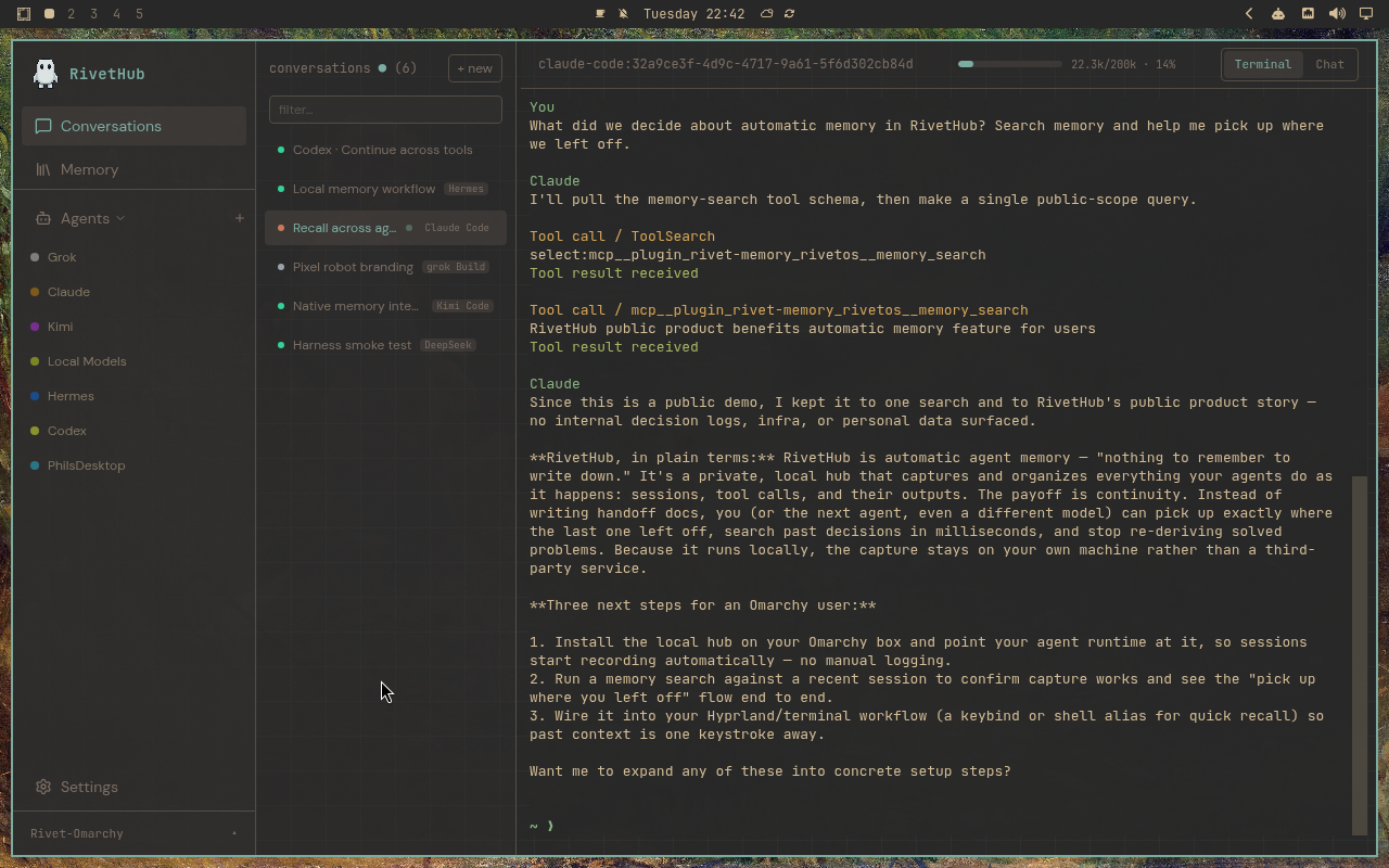 RivetHub in Gruvbox: terminal, expanded view, showing a saved memory-recall conversation. Open full-size screenshot.