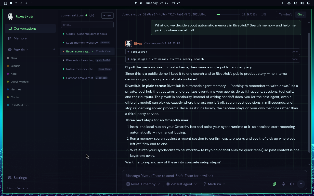 RivetHub in Hackerman: chat, expanded view, showing a saved memory-recall conversation. Open full-size screenshot.