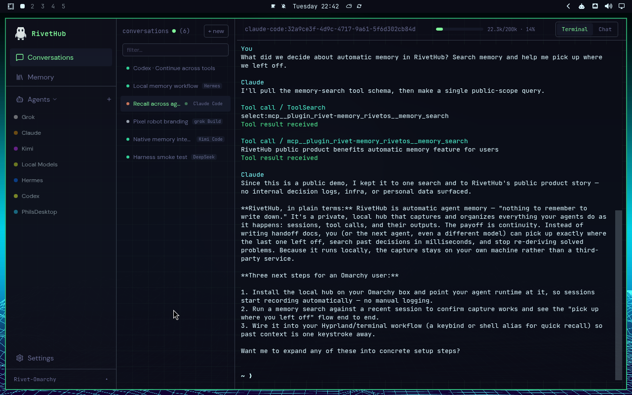 RivetHub in Hackerman: terminal, expanded view, showing a saved memory-recall conversation. Open full-size screenshot.