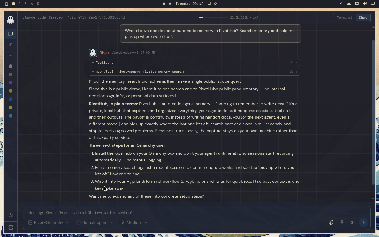 RivetHub in Kanagawa: chat, collapsed view, showing a saved memory-recall conversation. Open full-size screenshot.