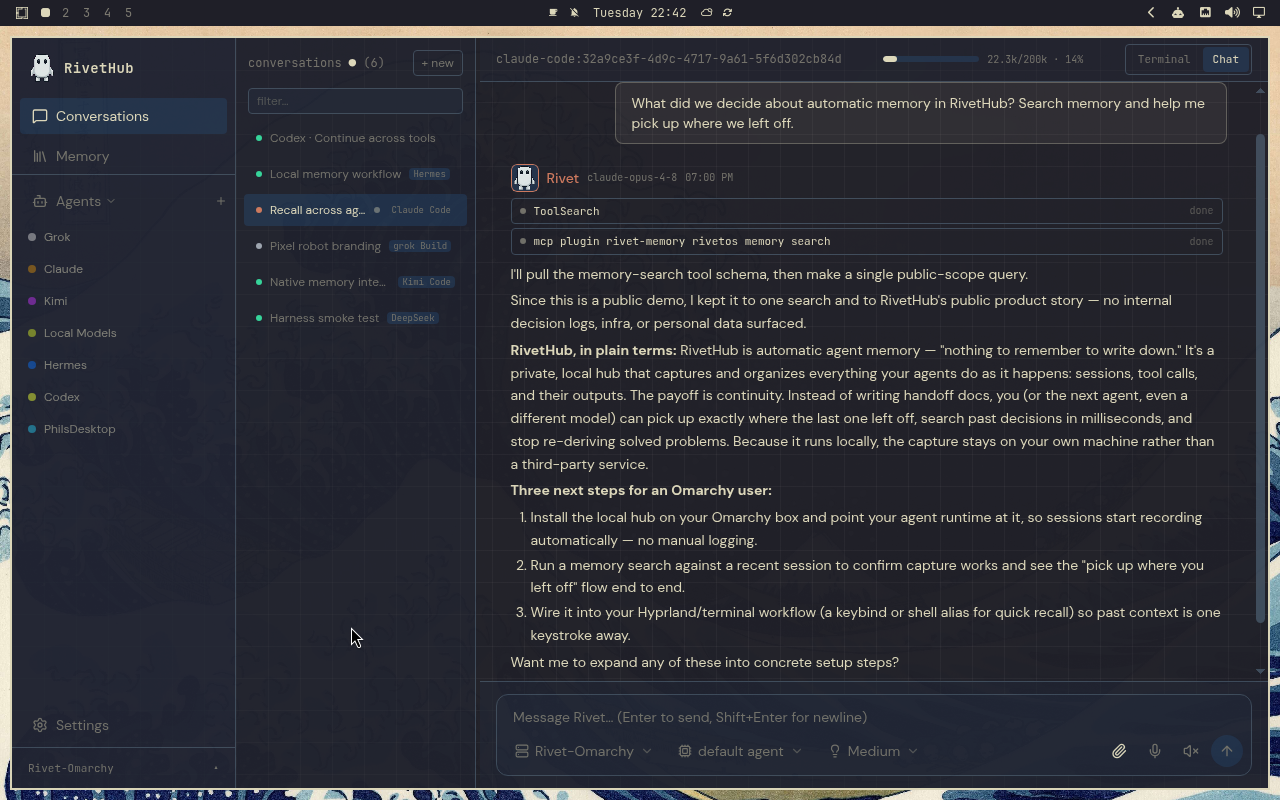 RivetHub in Kanagawa: chat, expanded view, showing a saved memory-recall conversation. Open full-size screenshot.