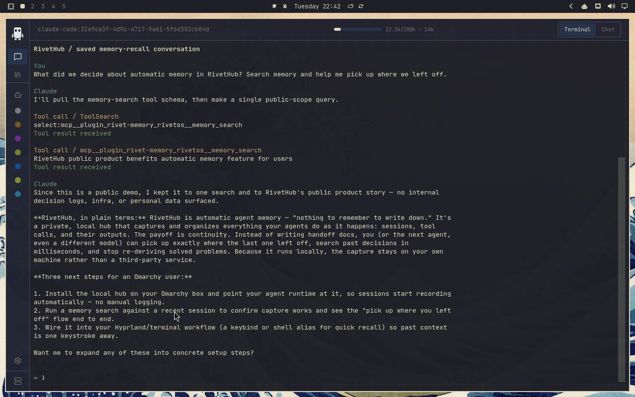 RivetHub in Kanagawa: terminal, collapsed view, showing a saved memory-recall conversation. Open full-size screenshot.