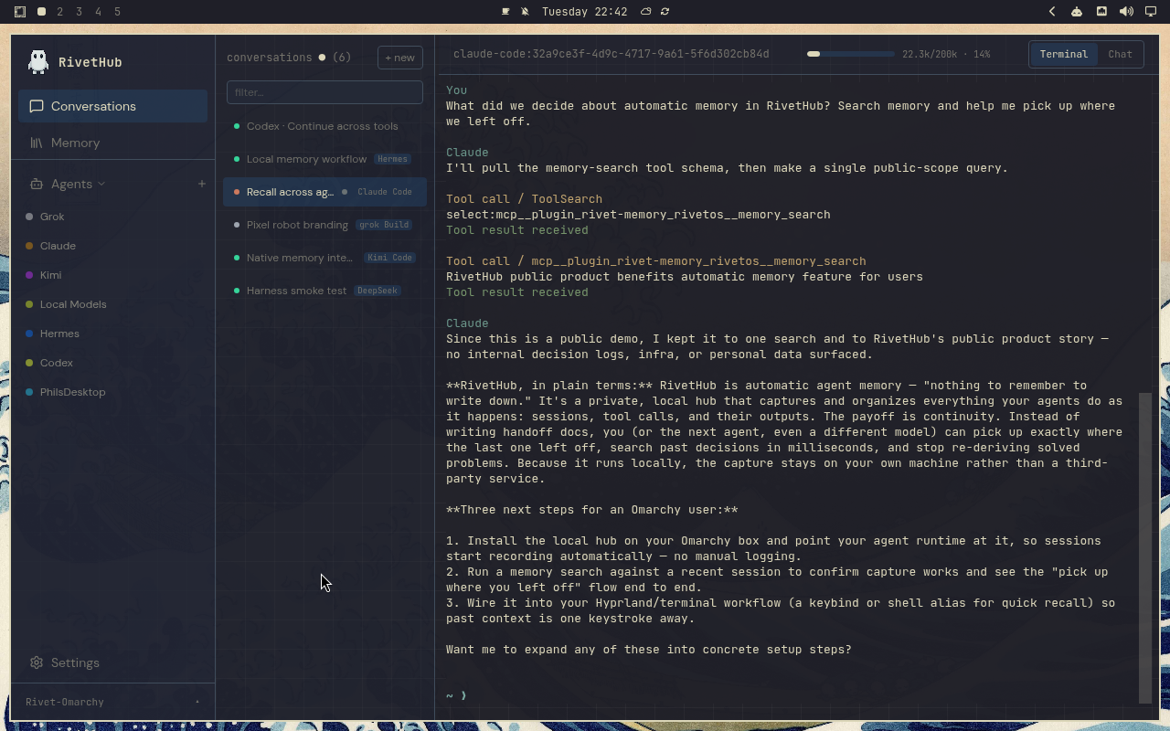 RivetHub in Kanagawa: terminal, expanded view, showing a saved memory-recall conversation. Open full-size screenshot.