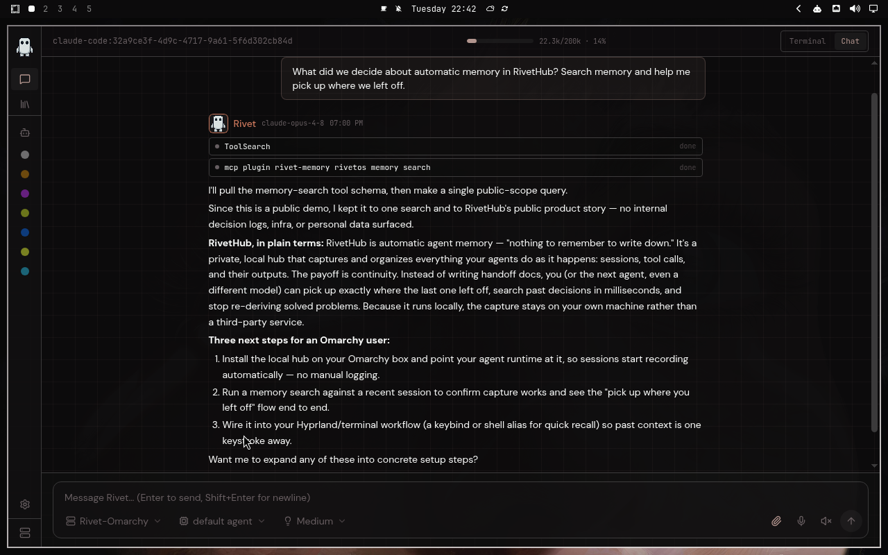 RivetHub in Last Horizon: chat, collapsed view, showing a saved memory-recall conversation. Open full-size screenshot.