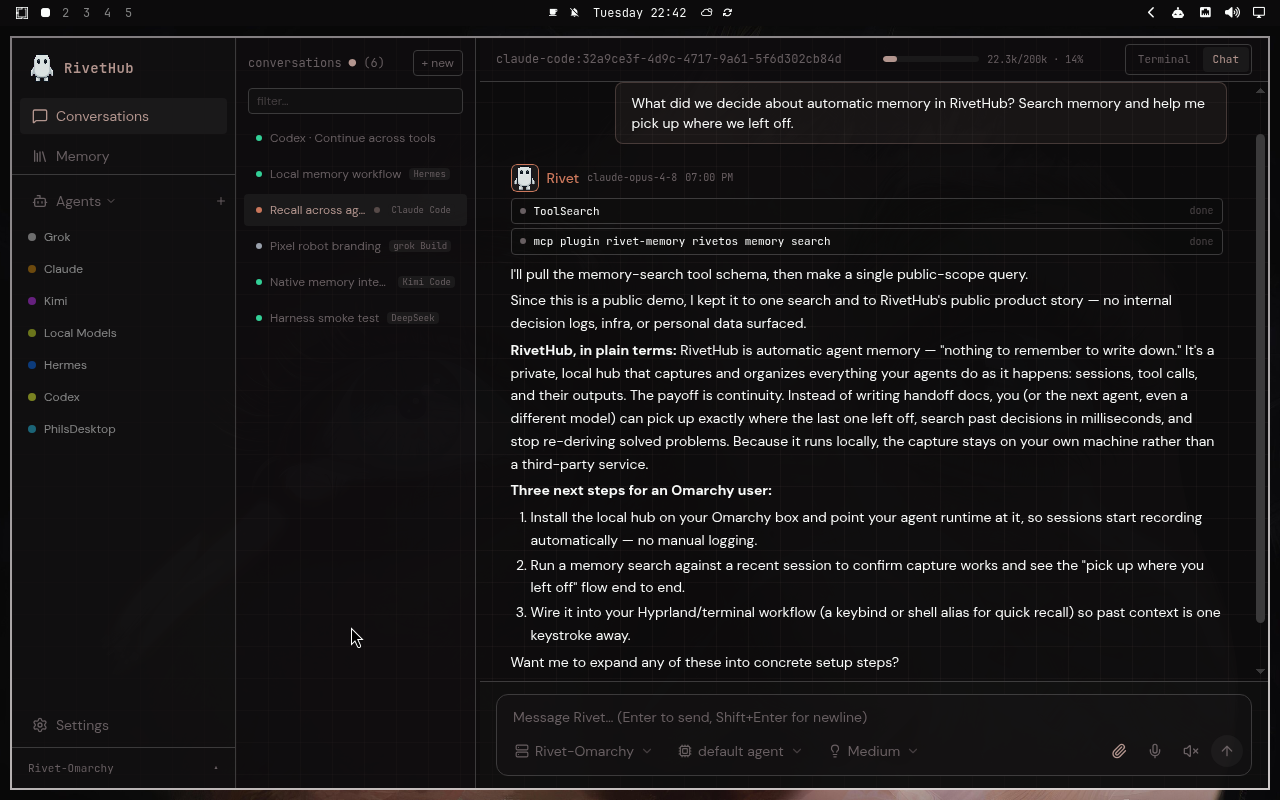 RivetHub in Last Horizon: chat, expanded view, showing a saved memory-recall conversation. Open full-size screenshot.