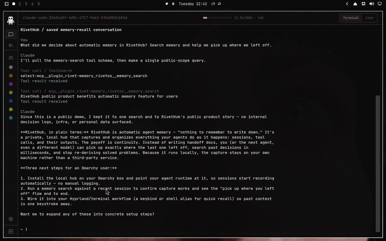 RivetHub in Last Horizon: terminal, collapsed view, showing a saved memory-recall conversation. Open full-size screenshot.