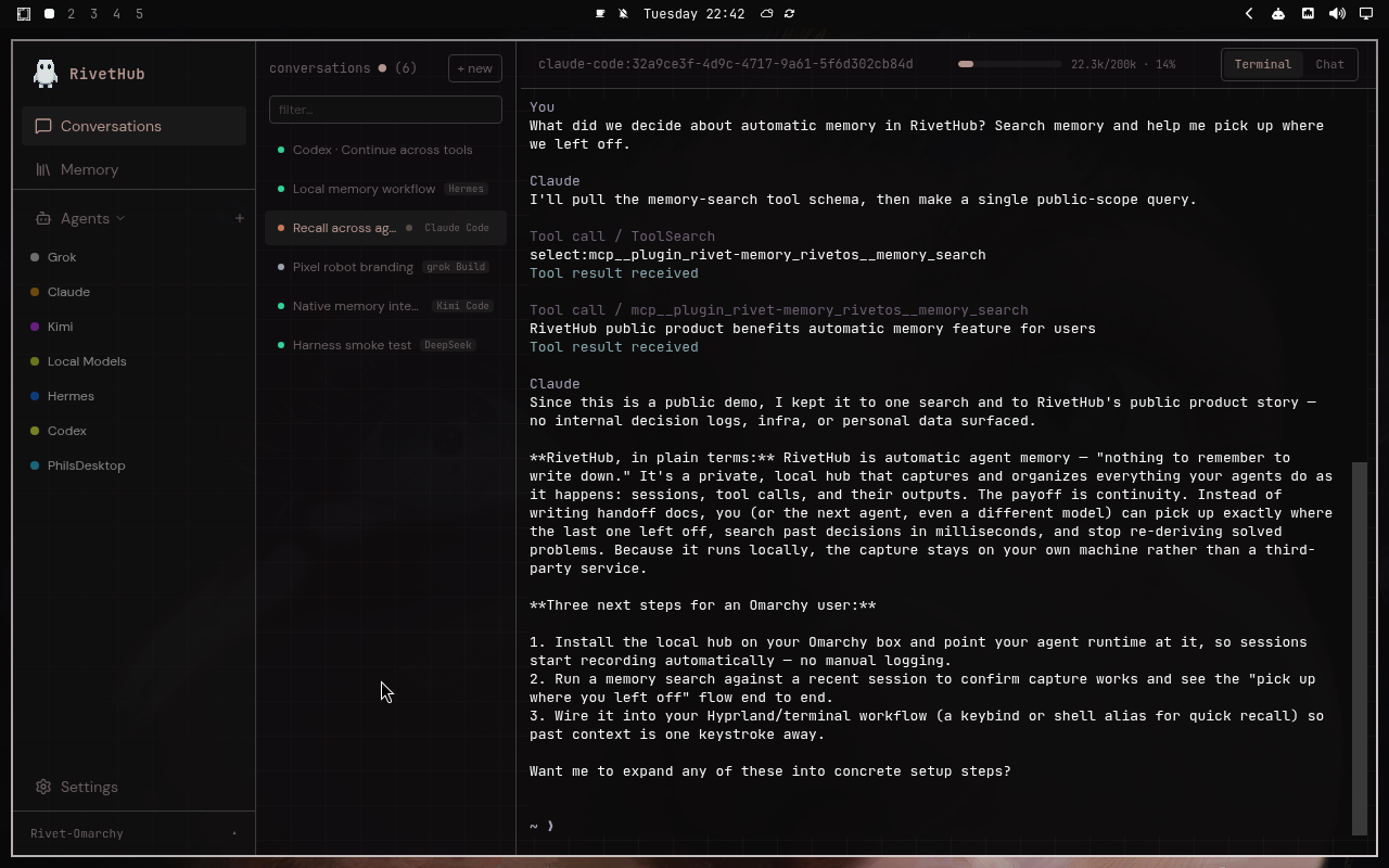 RivetHub in Last Horizon: terminal, expanded view, showing a saved memory-recall conversation. Open full-size screenshot.