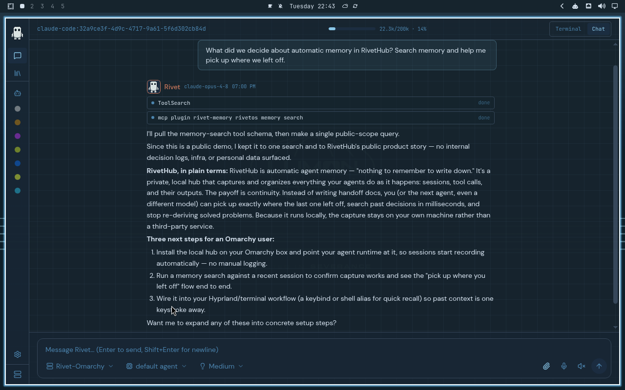 RivetHub in Lumon: chat, collapsed view, showing a saved memory-recall conversation. Open full-size screenshot.