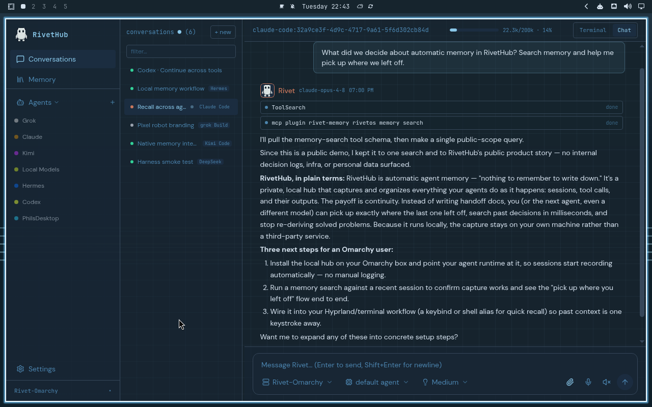 RivetHub in Lumon: chat, expanded view, showing a saved memory-recall conversation. Open full-size screenshot.
