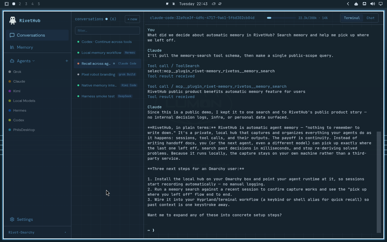 RivetHub in Lumon: terminal, expanded view, showing a saved memory-recall conversation. Open full-size screenshot.