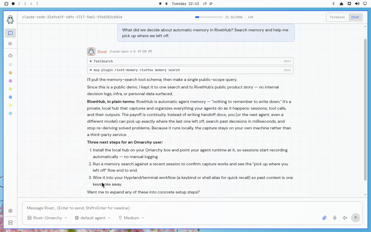 RivetHub in Lupine: chat, collapsed view, showing a saved memory-recall conversation. Open full-size screenshot.
