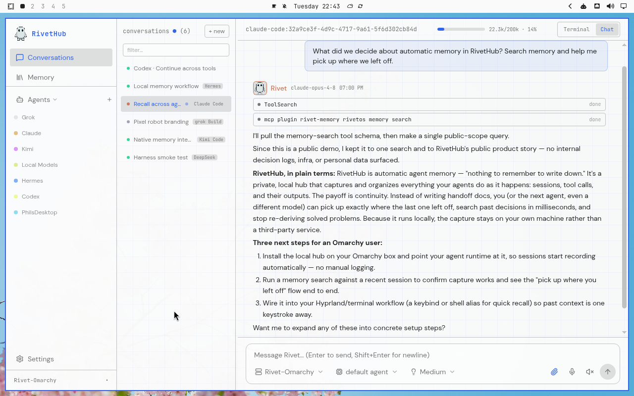RivetHub in Lupine: chat, expanded view, showing a saved memory-recall conversation. Open full-size screenshot.