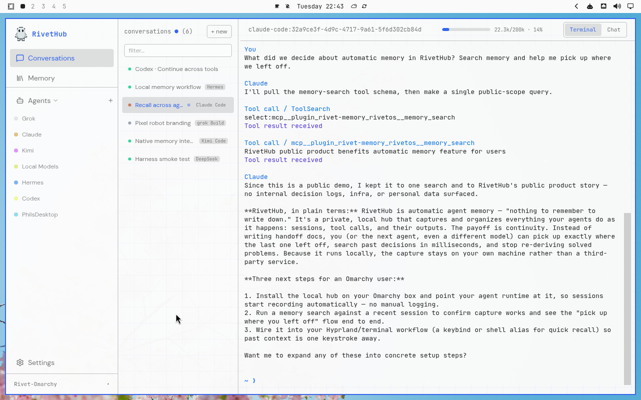 RivetHub in Lupine: terminal, expanded view, showing a saved memory-recall conversation. Open full-size screenshot.