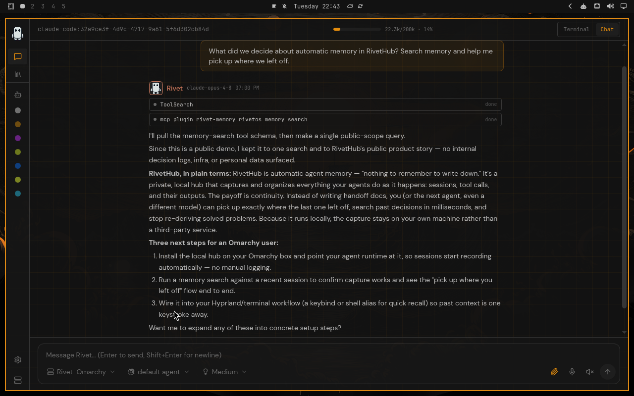 RivetHub in Matte Black: chat, collapsed view, showing a saved memory-recall conversation. Open full-size screenshot.
