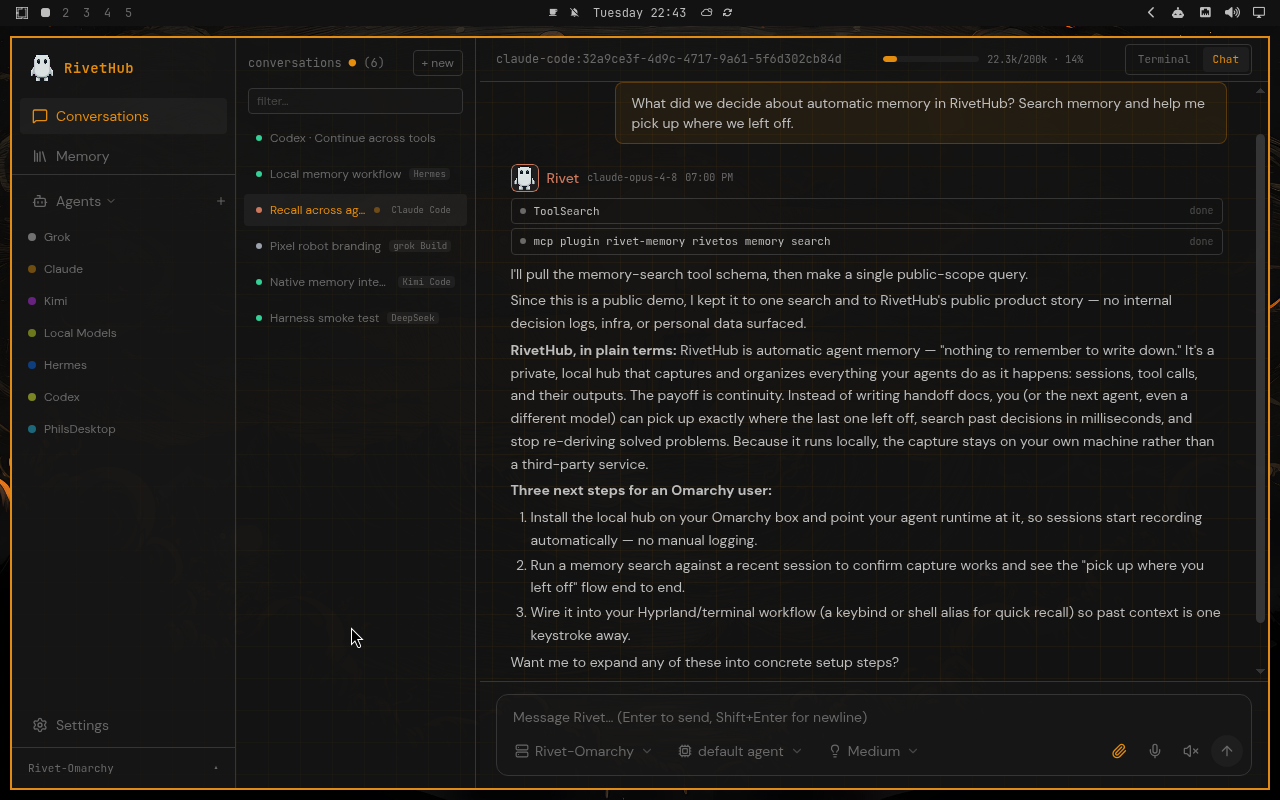 RivetHub in Matte Black: chat, expanded view, showing a saved memory-recall conversation. Open full-size screenshot.