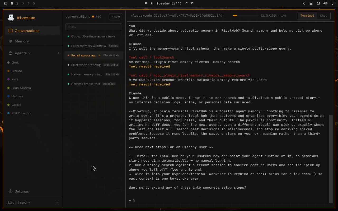 RivetHub in Matte Black: terminal, expanded view, showing a saved memory-recall conversation. Open full-size screenshot.