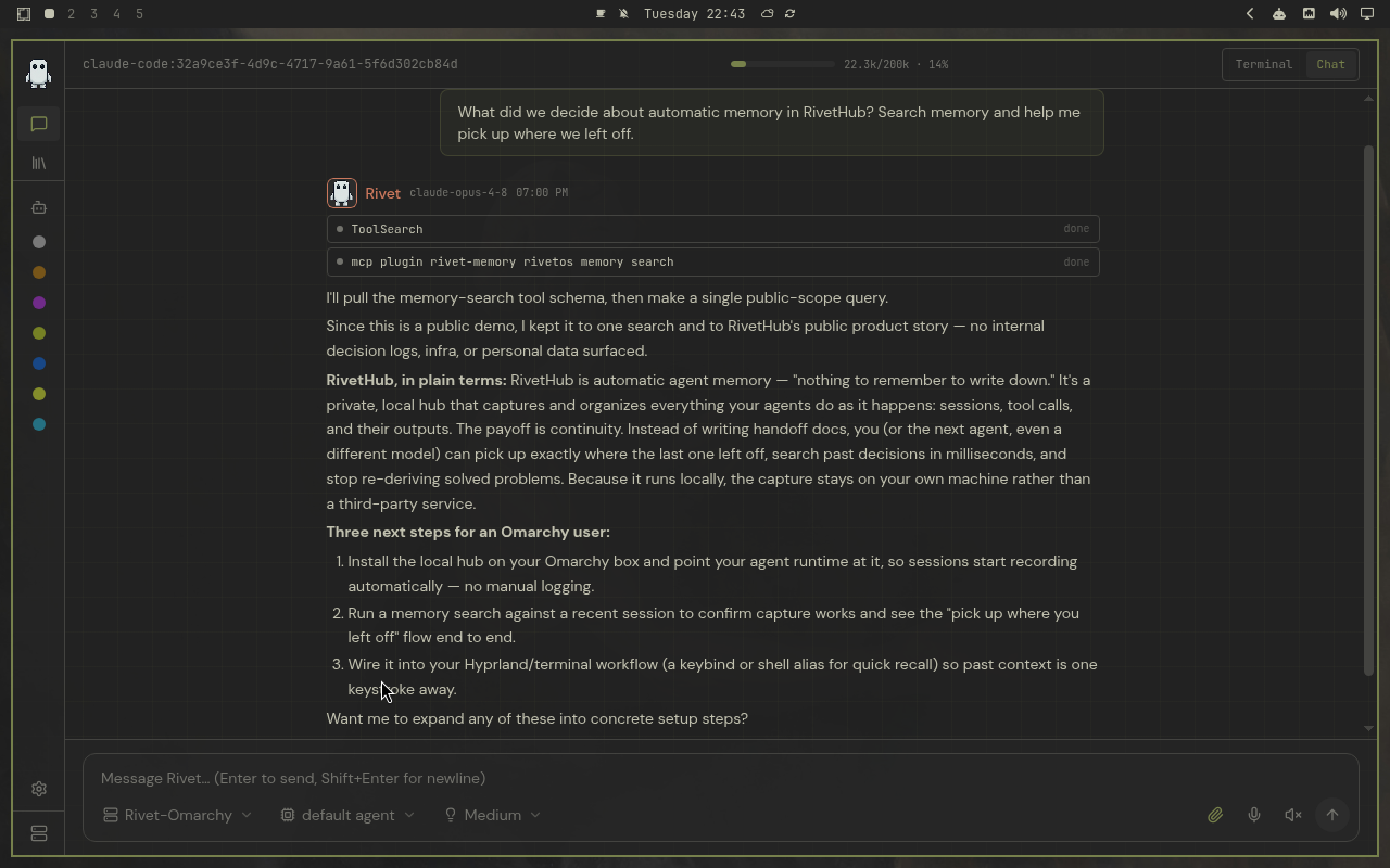 RivetHub in Miasma: chat, collapsed view, showing a saved memory-recall conversation. Open full-size screenshot.