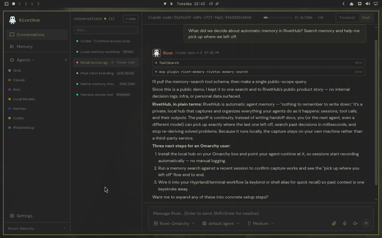 RivetHub in Miasma: chat, expanded view, showing a saved memory-recall conversation. Open full-size screenshot.