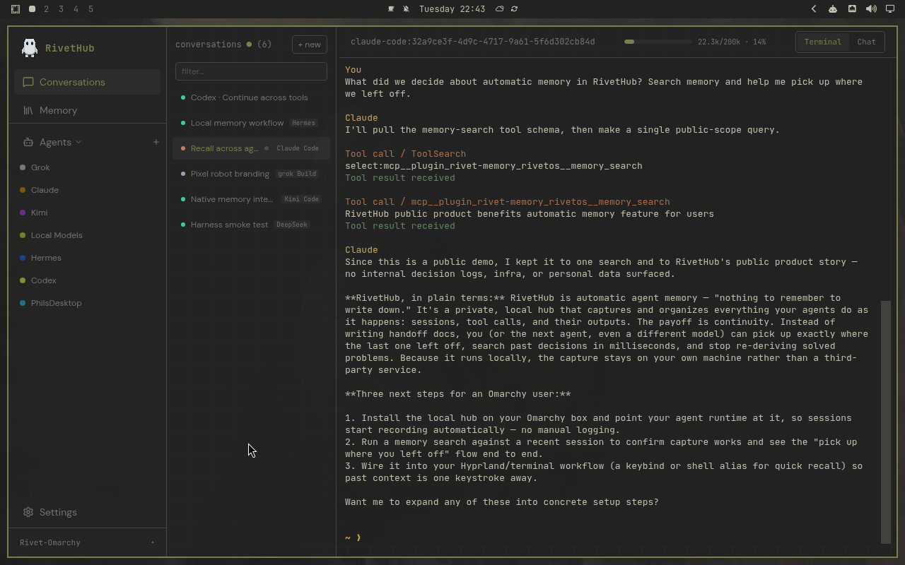 RivetHub in Miasma: terminal, expanded view, showing a saved memory-recall conversation. Open full-size screenshot.