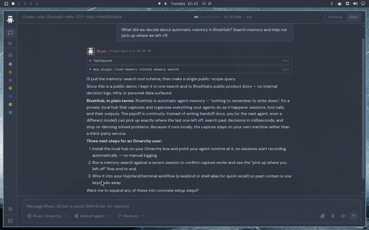 RivetHub in Nord: chat, collapsed view, showing a saved memory-recall conversation. Open full-size screenshot.