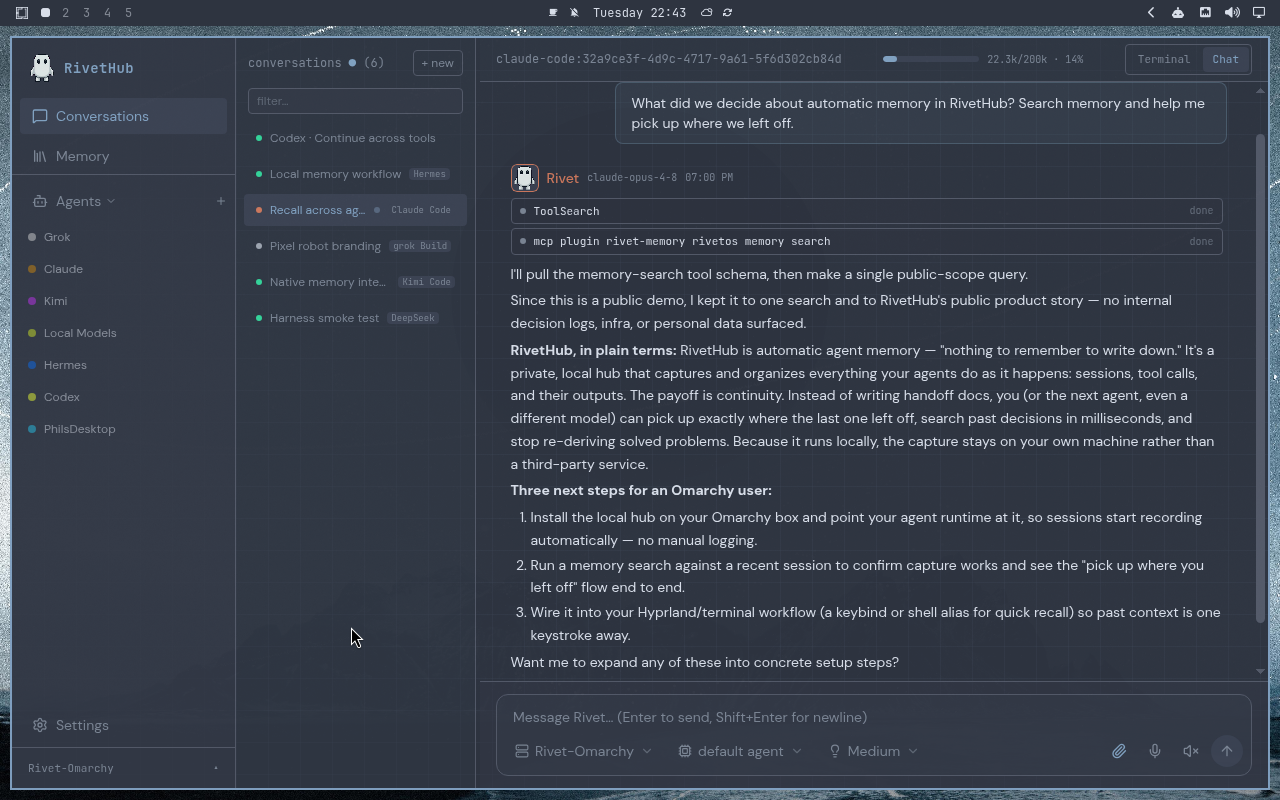 RivetHub in Nord: chat, expanded view, showing a saved memory-recall conversation. Open full-size screenshot.