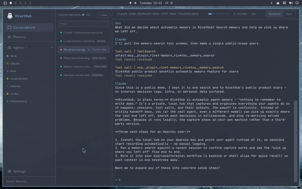 RivetHub in Nord: terminal, expanded view, showing a saved memory-recall conversation. Open full-size screenshot.