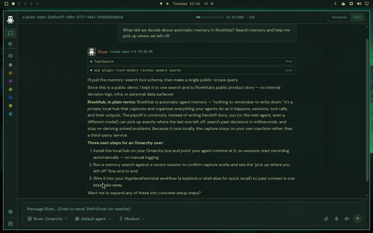 RivetHub in Osaka Jade: chat, collapsed view, showing a saved memory-recall conversation. Open full-size screenshot.