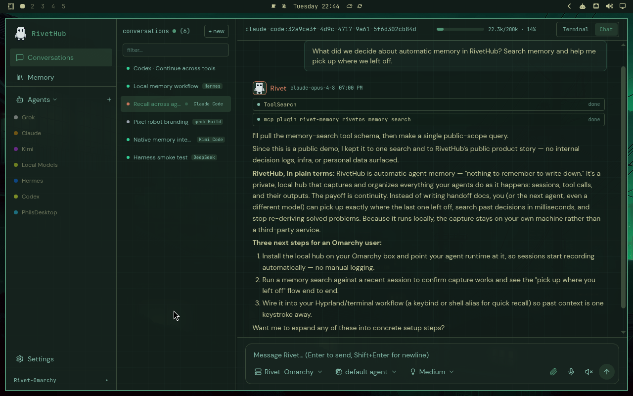 RivetHub on the Omarchy desktop in Osaka Jade, with conversations and memory recall open