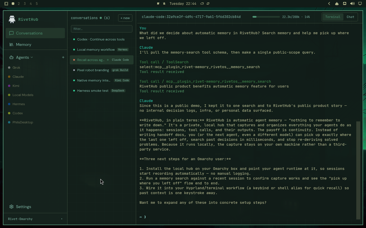 RivetHub in Osaka Jade: terminal, expanded view, showing a saved memory-recall conversation. Open full-size screenshot.