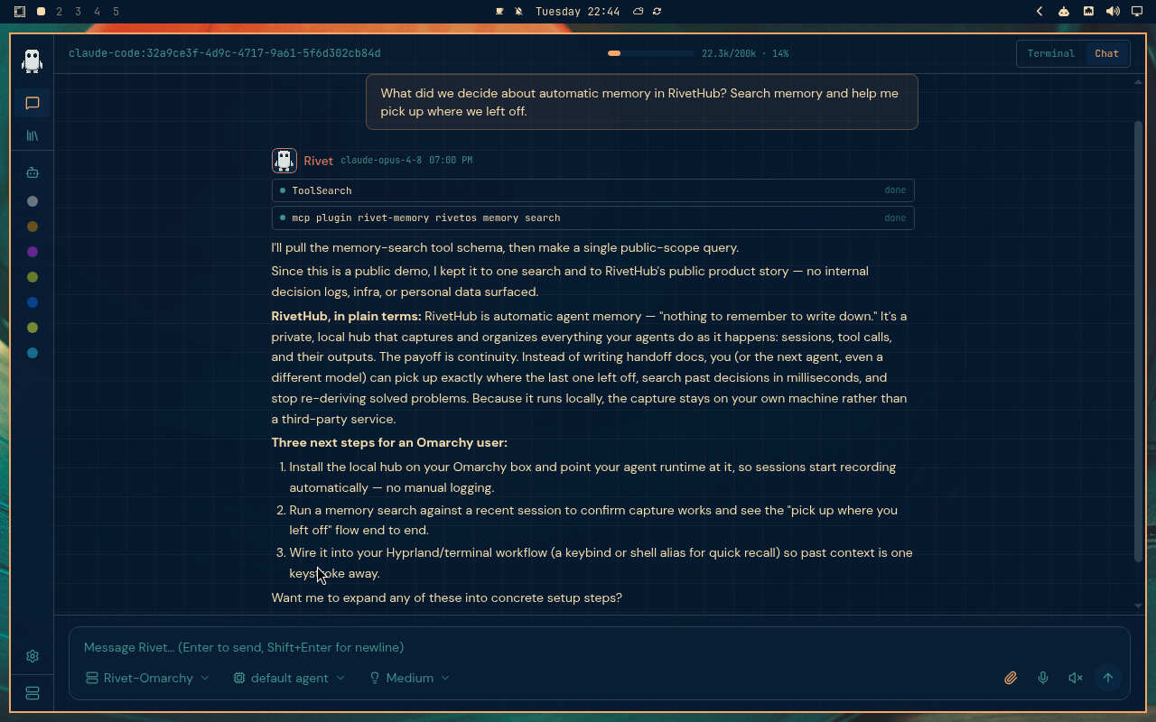 RivetHub in Retro 82: chat, collapsed view, showing a saved memory-recall conversation. Open full-size screenshot.